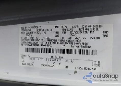 2020 Ford Transit-350 Passenger Van Xlt z USA, uszkodzony, nr VIN 1FBAX2CG0LKA66503